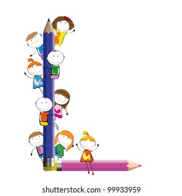 Happy kids and letter L with crayons