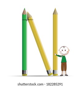 Happy kids and letter N with colorful crayons