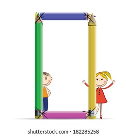 Happy kids and letter O with colorful crayons