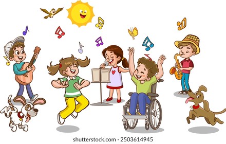 Happy kids listening to music and dancing vector illustration.