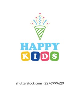 Happy kids logo design. Colorful logo with confetti logotype. Fun cartoon logo template.
