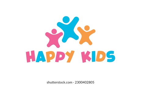 The Happy Kids logo has the colors pink, blue and orange on a white background