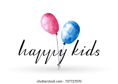 Happy Kids Logo with watercolor balloons. Hand drawn logo. Vector illustrations