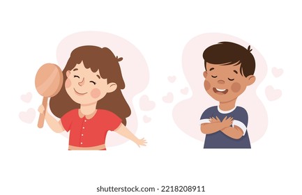 Happy kids love themselves. Boy hugging himself, girl looking at herself in mirror. Self love, acceptance, self care, happiness concept cartoon vector illustration