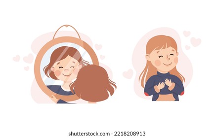 Los niños felices se aman a sí mismos. Chicas cogiendo la mano en el pecho y mirando en el espejo. Autoamor, aceptación, autocuidado, concepto de felicidad caricatura ilustración vectorial