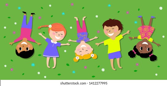 happy kids lying on the grass, vector cartoon illustration