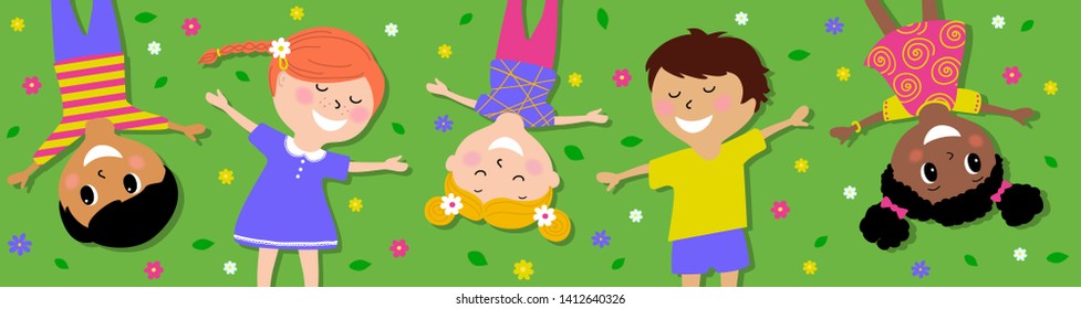 happy kids lying on the grass, vector cartoon illustration