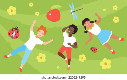 Happy kids lying on summer meadow grass with flowers and bugs, top view vector illustration. Cartoon diverse group of boys and girl playing together in nature. International Childrens Day concept