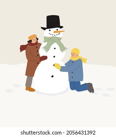 Happy kids making snowman with carrot and hat, playing outdoors on winter holidays and having fun. Vector hand drawn illustration.