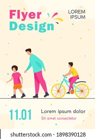 Happy kids and man rolling and cycling. Roller skates, bicycle, city flat vector illustration. Urban lifestyle and weekend concept for banner, website design or landing web page