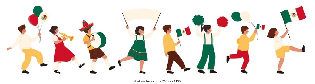 Happy kids marching with Mexican flags, balloons, and instruments for September 16 Independence Day celebration, festive parade, cultural pride, isolated on white vector illustration