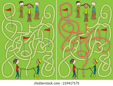 Happy kids maze with a solution