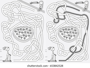 Happy kids maze for kids with a solution in black and white