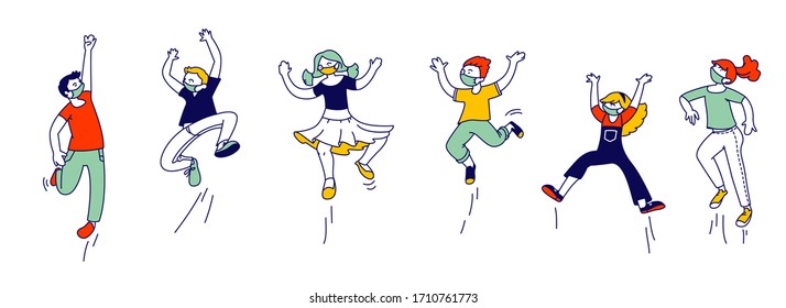 Happy Kids In Medical Masks Stand In Row Dancing And Jumping. Little Children Characters Rejoice On Summer Time Vacation Or Party. Cute Funny Boys And Girls Covid19. Linear People Vector Illustration