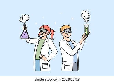 Happy kids in medical uniform do science experiments at chemistry class at school. Smiling children have fun experiment in laboratory dream to be scientists. Education concept. Vector illustration. 