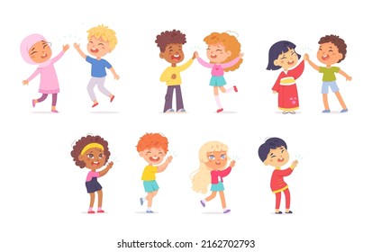 Happy kids meet and clap set vector illustration. Cartoon two children of different ethnicity and culture giving high five to each other, diverse group of boys and girls applauding isolated on white