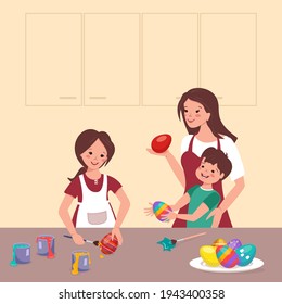 Happy kids and mom paint Easter eggs at the table in the kitchen. Boy and girl make decorations. Joint family preparation for the spring holiday. Vector flat illustration