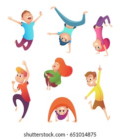 Happy kids in motion. Children in different poses and action. Cartoon Character design