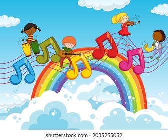 Happy kids with music melody symbols in the sky with rainbow illustration