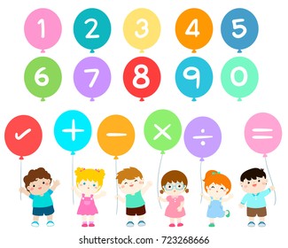 Happy kids with numbers balloons vector illustration.