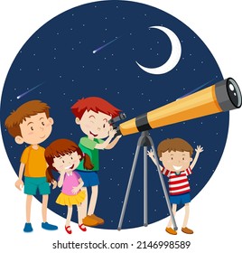 Niños felices observando el cielo nocturno con ilustración del telescopio