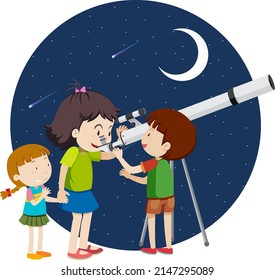 Niños felices observando el cielo nocturno con ilustración del telescopio