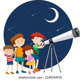 Niños felices observando el cielo nocturno con ilustración del telescopio