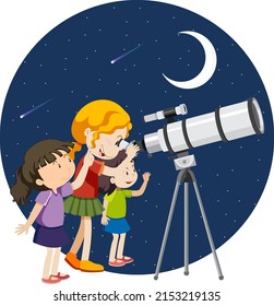 Niños felices observando el cielo nocturno con ilustración del telescopio