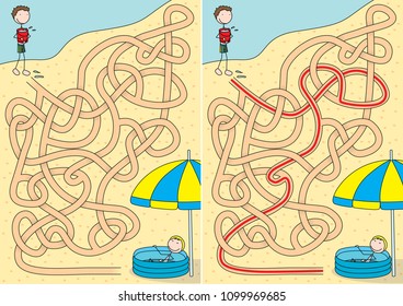 Happy kids on a beach - maze for kids with a solution