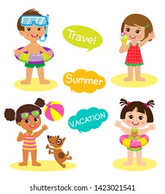 Happy Kids On The Beach Vector Set. Cartoon Flat Style Children In Beach On Summer Holidays. Summer Boy And Girl Illustrations On A White Background.