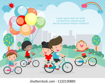 Happy kids on bicycles, Child riding bike, Healthy cycling with kids in park, group of kids biking on background. Template for advertising brochure,your text, Vector Illustration