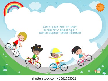 Happy kids on bicycles, Child riding bike, Healthy cycling with kids in park, group of kids biking on background. Template for advertising brochure,your text, Vector Illustration