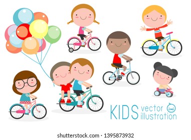 Happy kids on bicycles, Child riding bike,Kids riding bikes, Child riding bike, kids on bicycle vector on white background,Illustration of a group of kids biking on a white background.