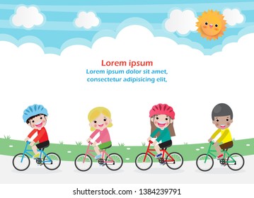 Happy kids on bicycles, Children riding bike, Healthy cycling with kids in park, group of child biking on background. Template for advertising brochure,your text, Vector Illustration