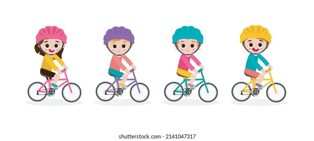 Happy Kids On Bicycles, Children Riding Bike,Kids Riding Bikes, Child Riding Bike, Child On Bicycle Vector On White Background,Illustration Of A Group Of Kids Biking On A White Background