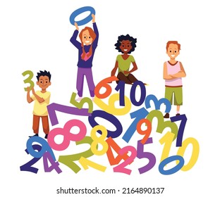 Happy kids on bunch of colorful numbers from zero to ten flat style, vector illustration isolated on white background. Smiling children with digits, kids study number concept