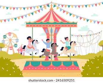 Happy kids on carousel. Smiling children in amusement park, boys and girls ride in circle on horses, merry go round, childish entertainment, cartoon flat isolated splendid vector concept