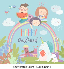 Happy kids on rainbow with magical unicorns