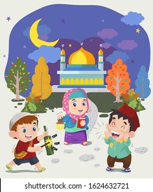 happy kids on ramadan night doodle illustration