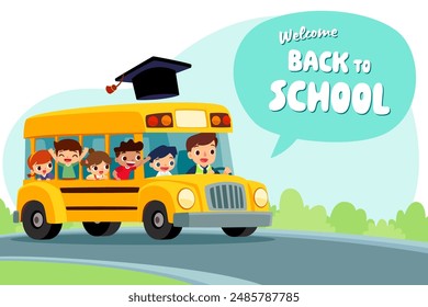 Happy kids on a school bus with a graduation cap journey back to school, and a "Welcome Back to School" sign in the background.