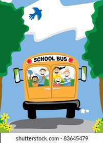 Happy kids on a school bus going to school.