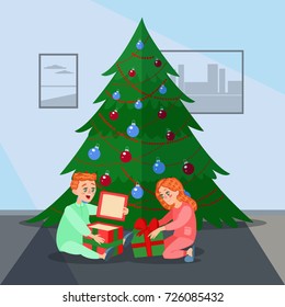 Happy Kids Opens Christmas Gifts. Winter Holidays. Vector illustration