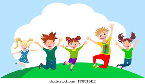 happy kids, outdoors, jumping, poster with place for text, vector illustration cartoon style