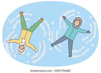 Happy kids in outerwear make snow angels on winter vacation. Smiling children have fun playing together in snow on holidays. Vector illustration.