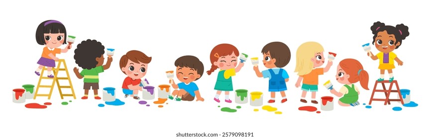 Happy kids painting with brushes and vibrant colors. Some stand on ladders, others sit on the floor, surrounded by splashes of colors. A fun and creative activity full of joy and teamwork.