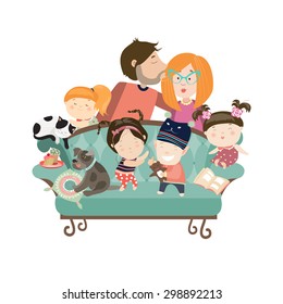 Happy kids with parents and pets. Vector isolated illustration