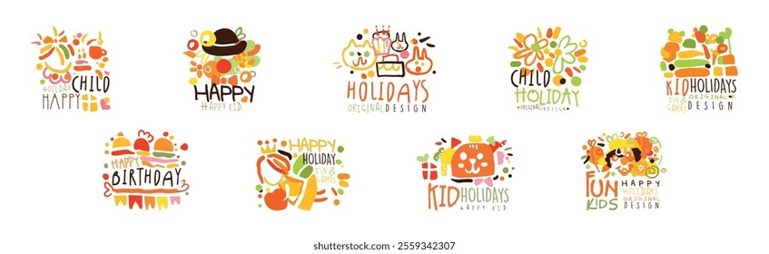 Happy Kids Party Logo Original Bright Design Vector Set