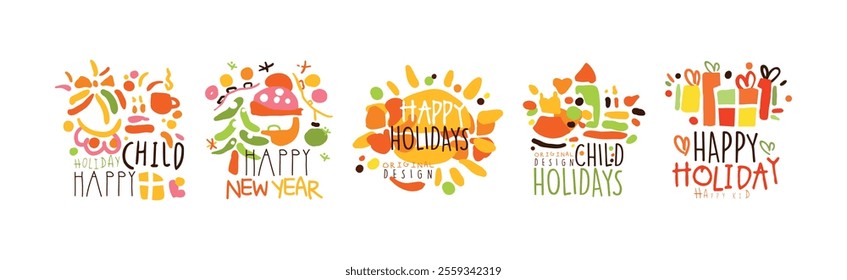 Happy Kids Party Logo Original Bright Design Vector Set