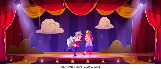 Happy kids performing on theater stage with decorations and illumination. Vector cartoon illustration of little children playing knight, princess in costumes, having fun at school show, art education