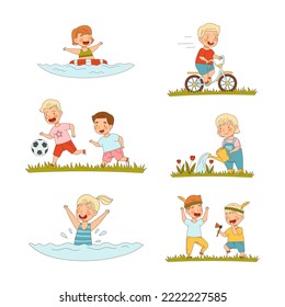 Happy kids performing summer outdoor activities set. Cute boys and girls swimming, riding bike, playing ball cartoon vector illustration